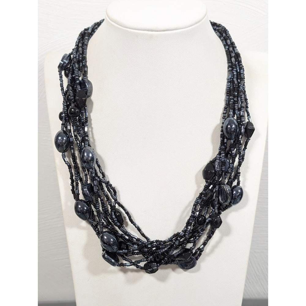 Gray Black Multi‎ Strand Necklace Layered Glass Bead Statement Gothic Boho